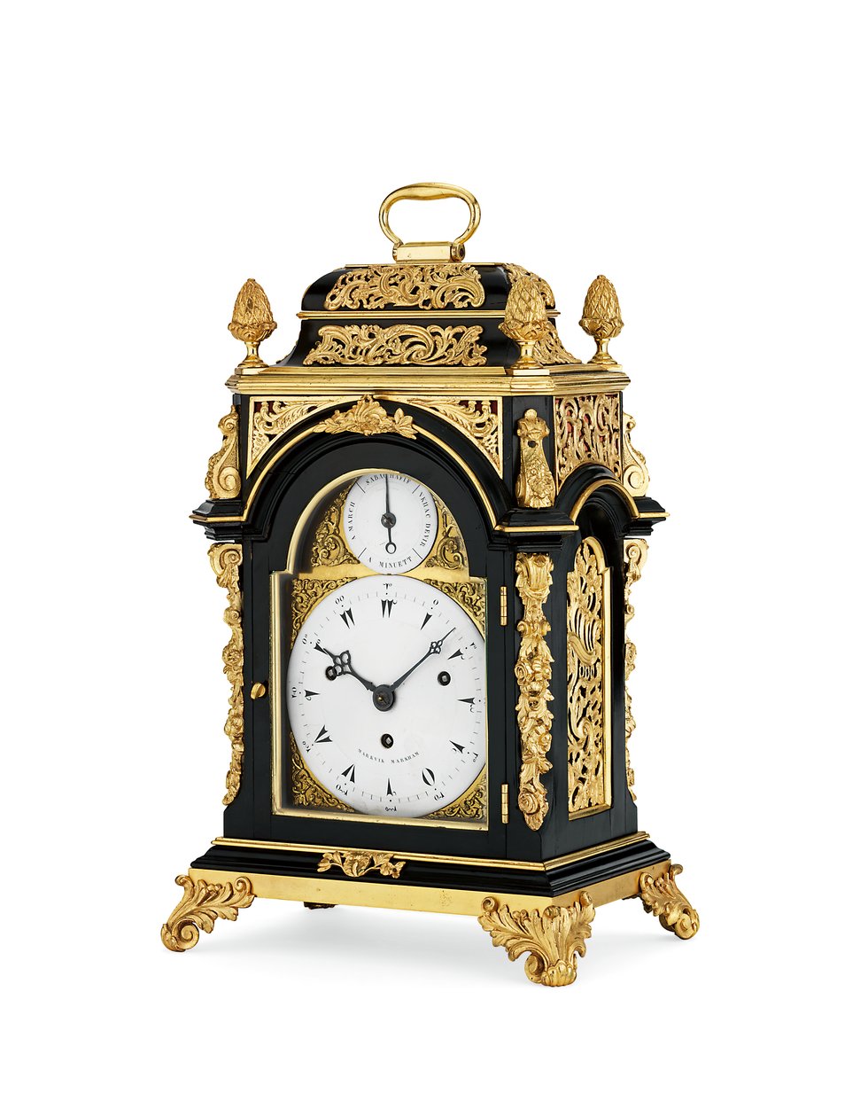 Orologio da tavolo di piccole dimensioni con montatura in ormolu ebanizzata e musicale di otto giorni, c.1765 da English School