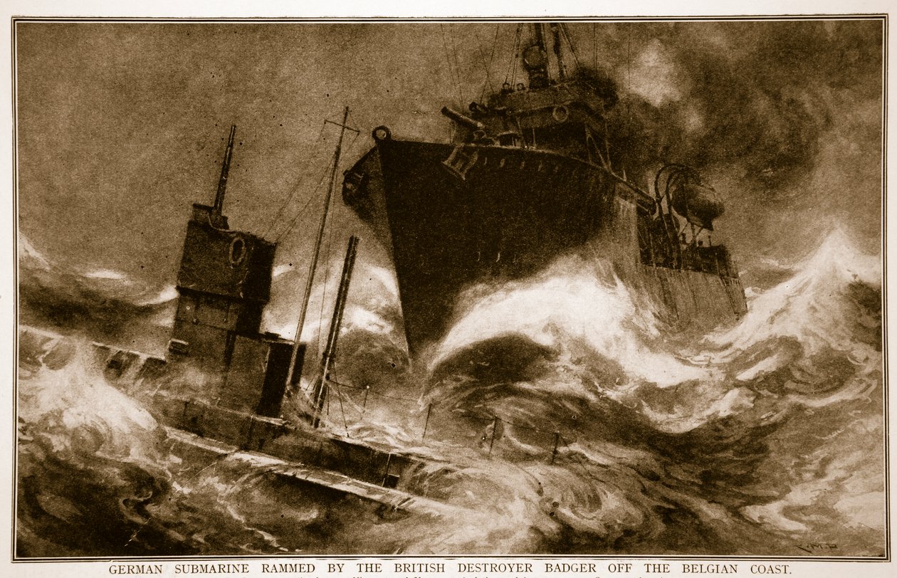 Sottomarino tedesco speronato dal cacciatorpediniere britannico Badger al largo della costa belga, 1914-19 da English School