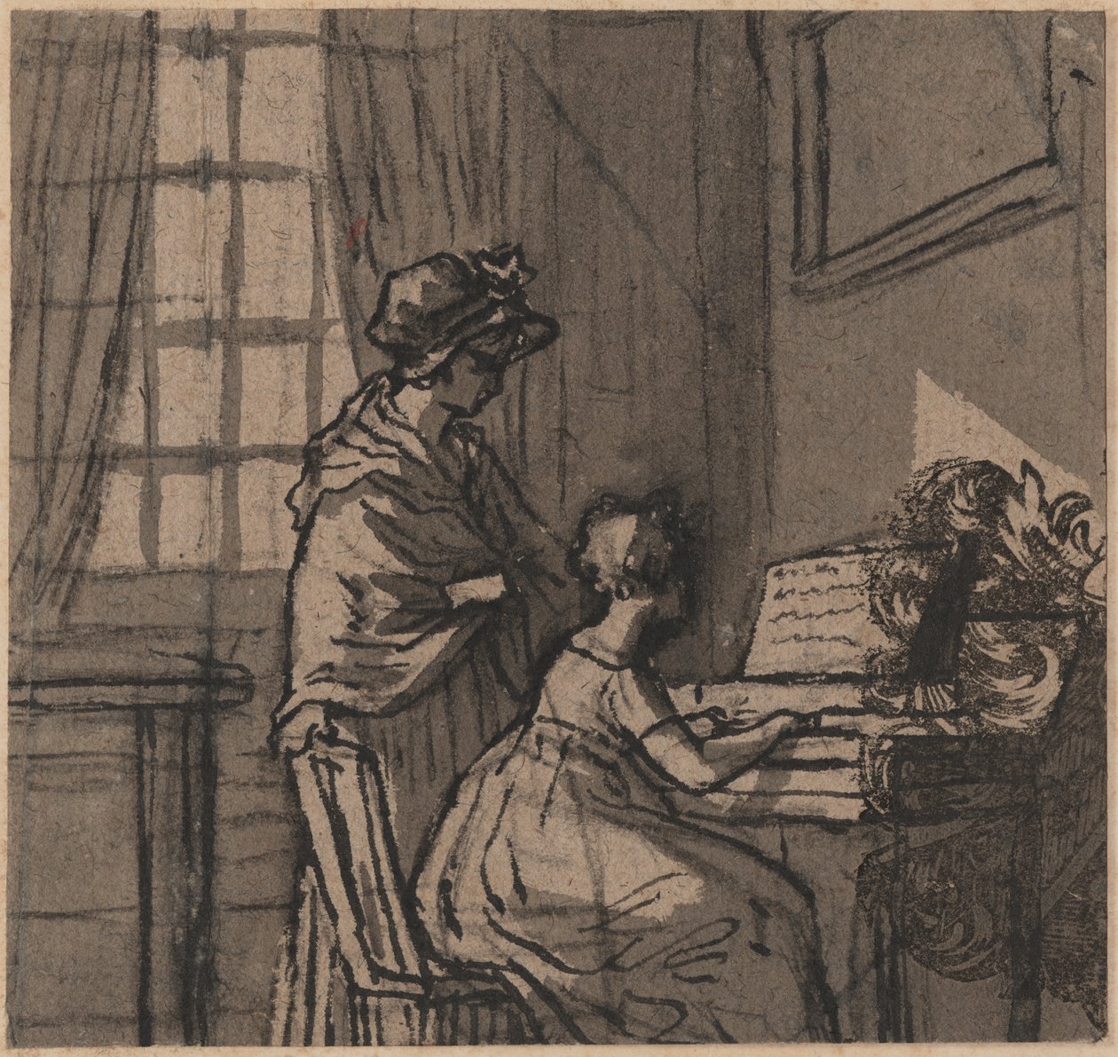 Ragazza al clavicordo, c.1800 (penna e lavaggio su carta) da English School