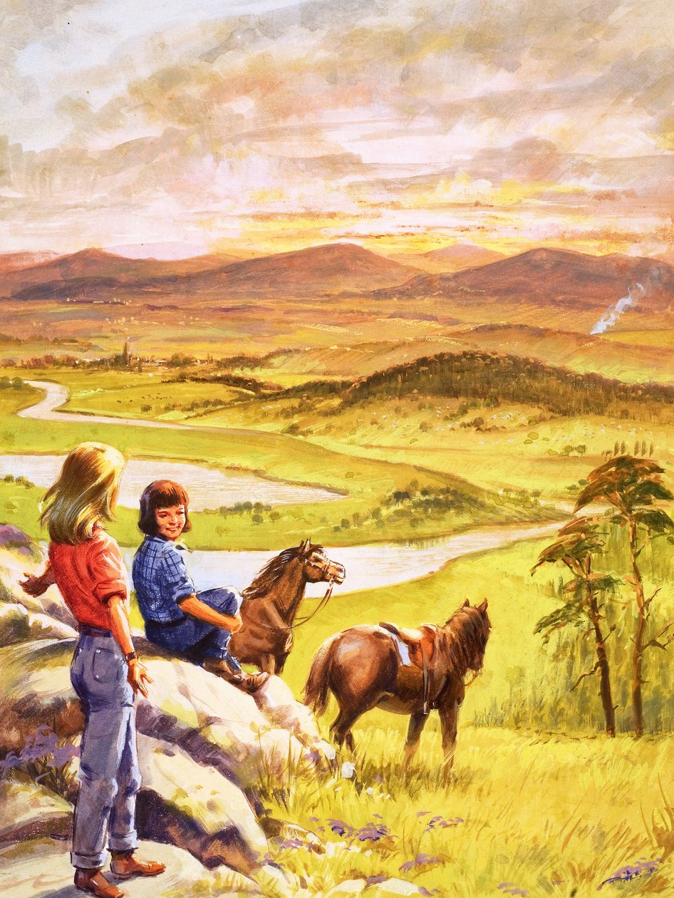 Ragazze e pony che guardano la campagna (gouache su carta) da English School