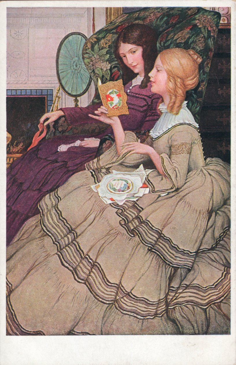 Ragazze che leggono i biglietti di San Valentino (litografia a colori) da English School