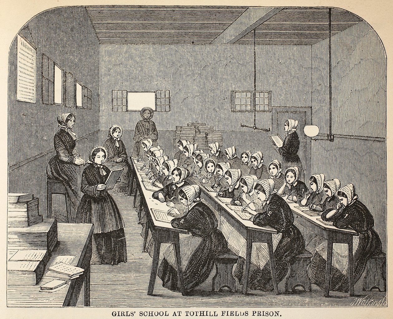 Scuola per ragazze alla prigione di Tothill Fields, illustrazione da Le Prigioni Criminali di Londra e Scene dalla Vita Carceraria di Henry Mayhew e John Binny, pub. 1862 da English School