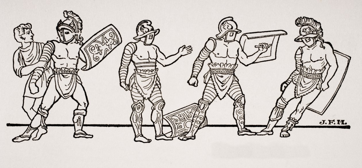 Gladiatori, da un affresco a Pompei, illustrazione da The Outline of History di H.G. Wells, Volume I, pubblicato nel 1820 da English School