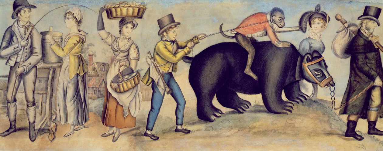 Andare alla Fiera, (dettaglio) di un orso e una scimmia che si esibiscono, c.1815 da English School