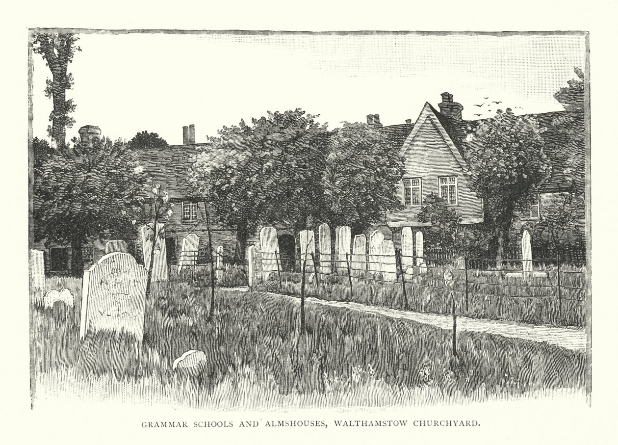 Grammar Schools and Almshouses, Walthamstow Churchyard (incisione) da English School