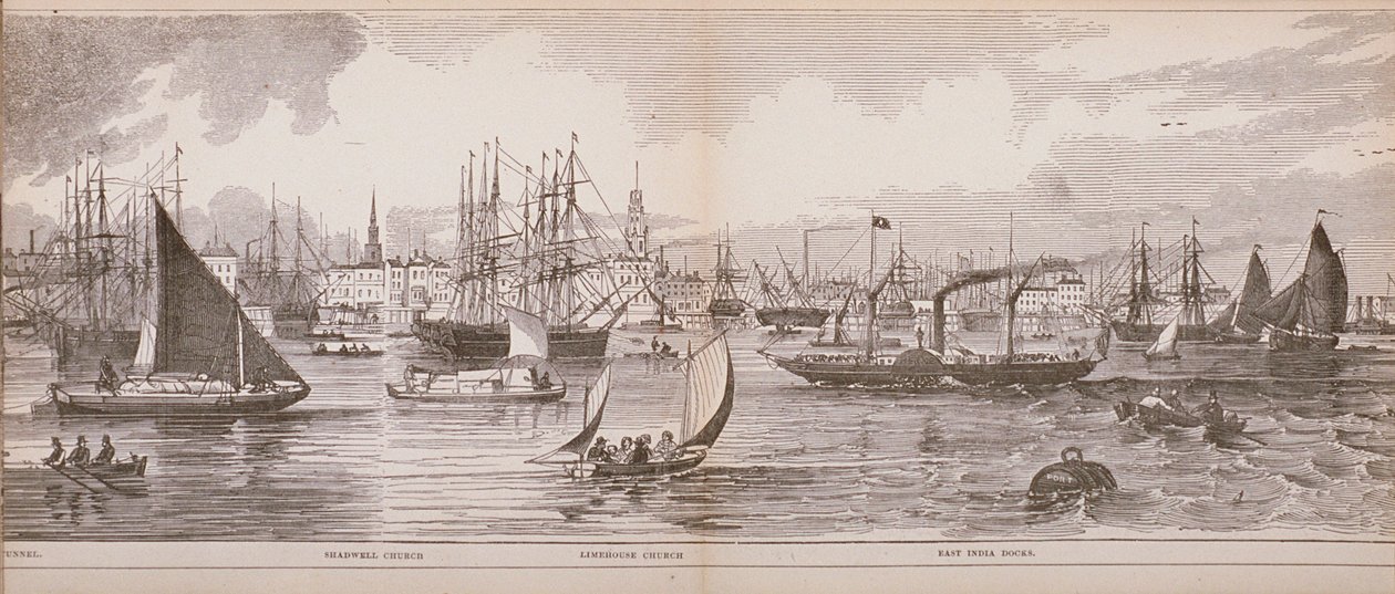 Grand Panorama di Londra, dal fiume Tamigi verso Shadwell, East India Docks e Limehouse, 1849 da English School