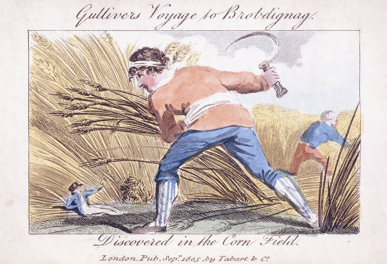 Il viaggio di Gulliver a Brobdignag, scoperto nel campo di grano, 1805 da English School