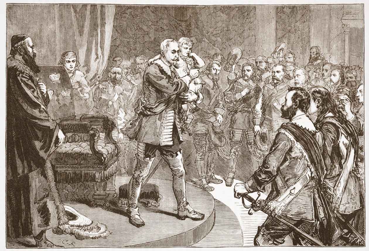 Gustavo Adolfo che saluta gli Stati, illustrazione da The History of Protestantism di James Aitken Wylie, pub. 1878 da English School