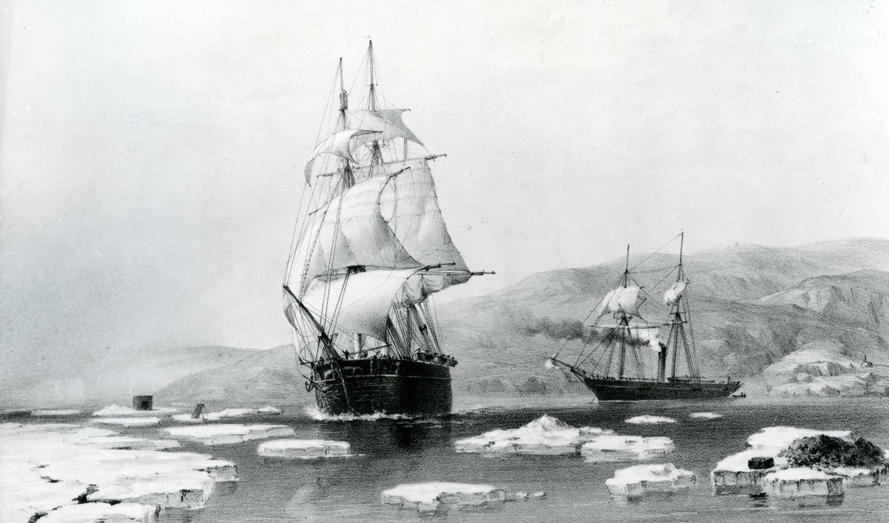 HMS Assistance e Pioneer che escono dai quartieri invernali nel 1854 (litografia) da English School