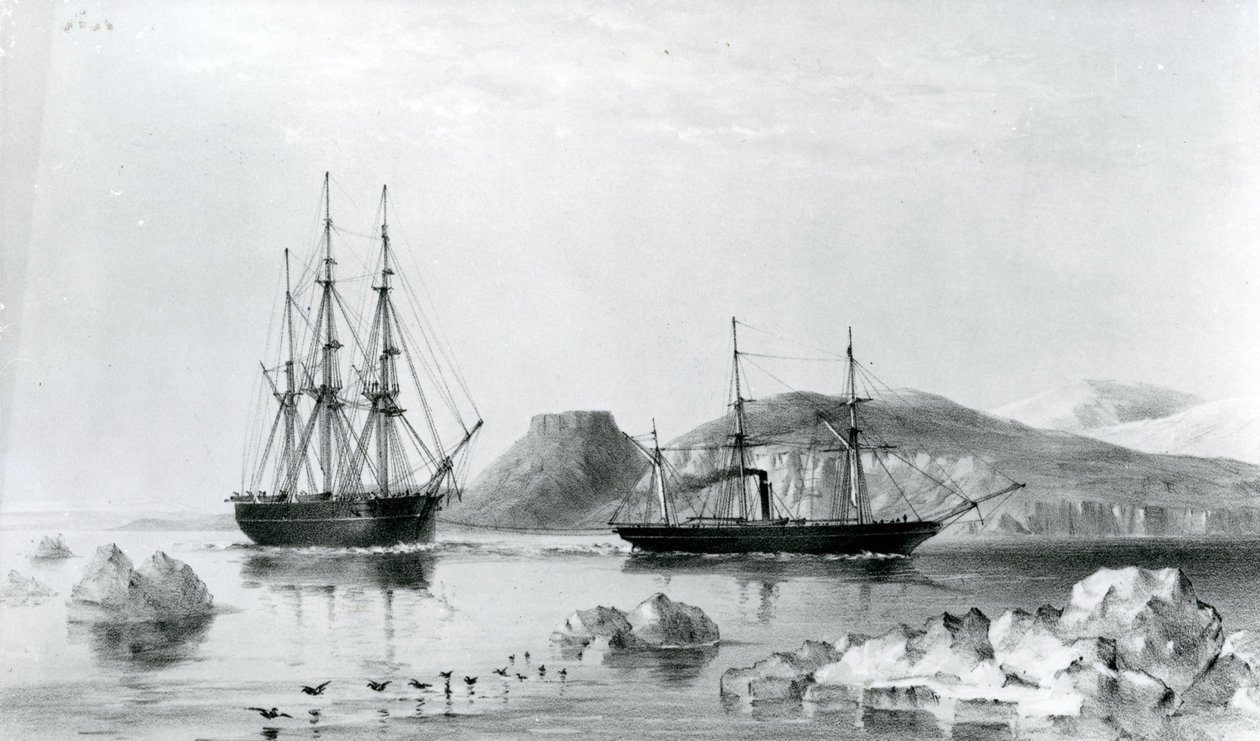 HMS Assistance trainata da Pioneer passando John Harrow Mount, North Wellington Channel nel 1853 da English School