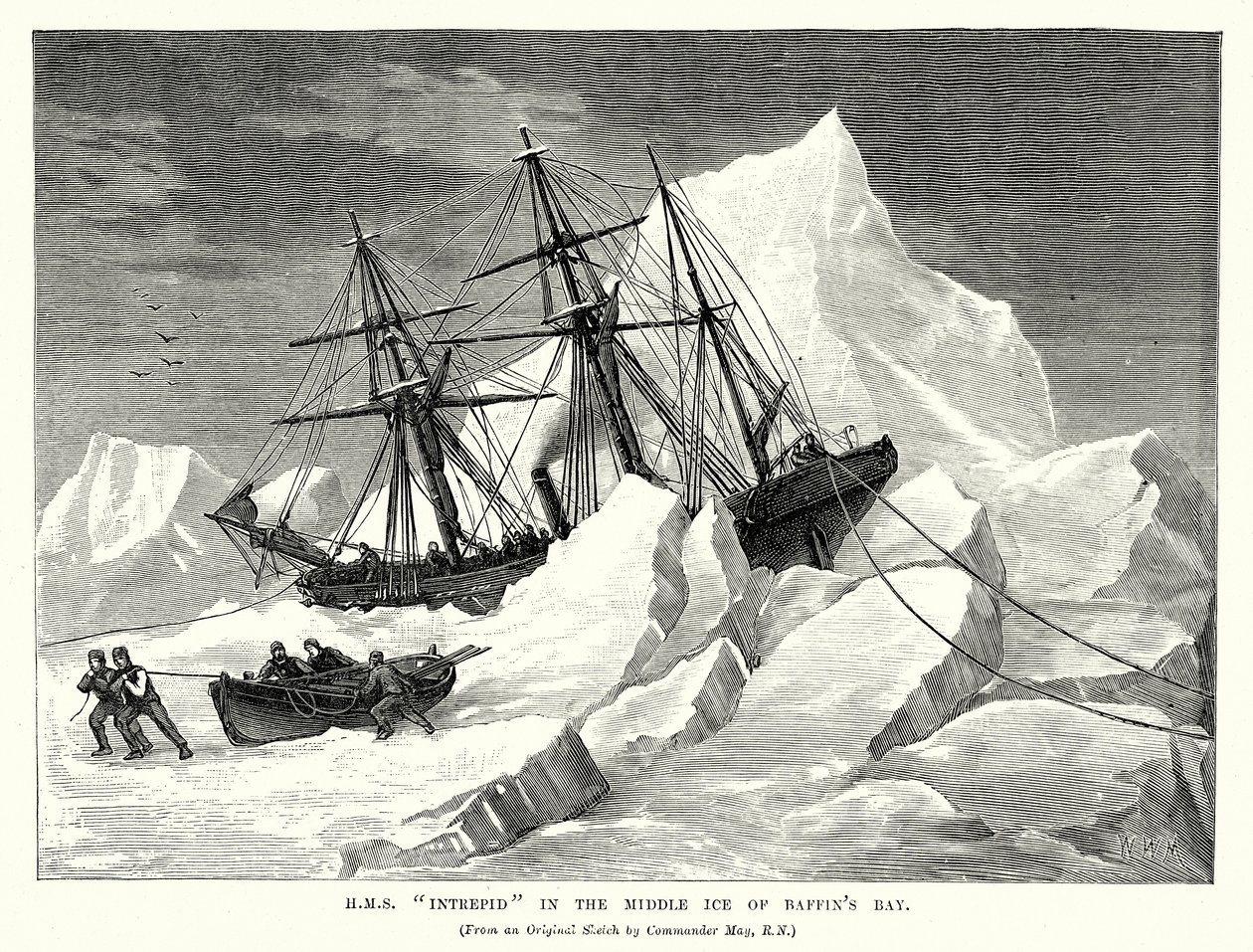 H.MS "Intrepid" nel ghiaccio medio della Baia di Baffin (incisione) da English School
