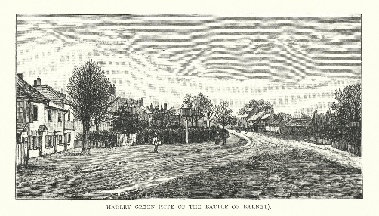 Hadley Green, luogo della battaglia di Barnet (incisione) da English School