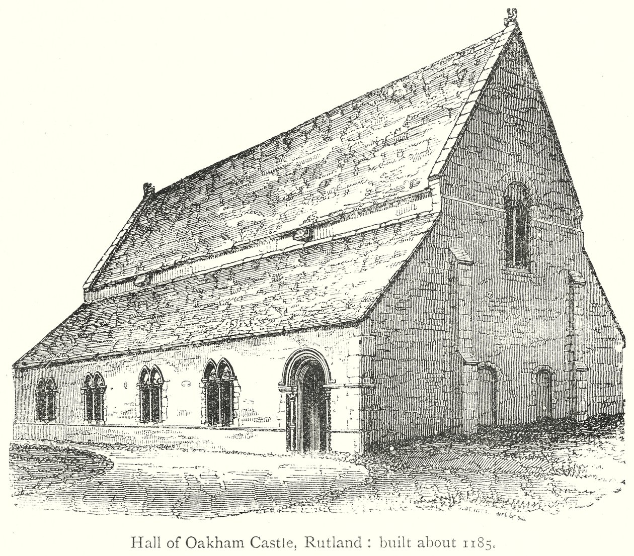 Sala del castello di Oakham, Rutland: Costruita intorno al 1185 (incisione) da English School