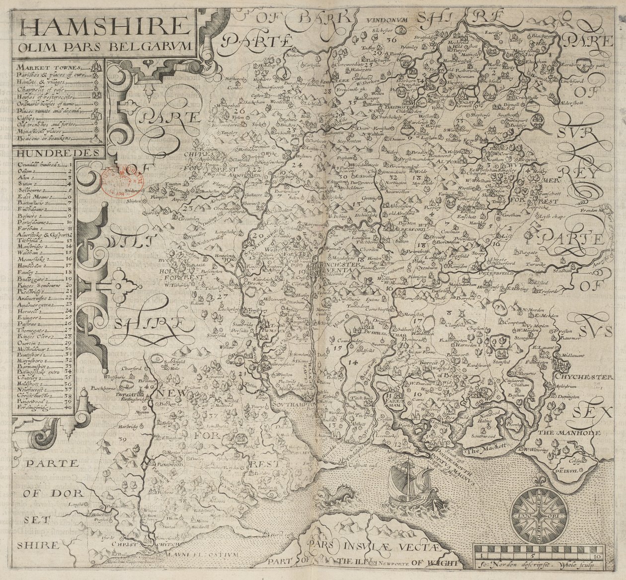 Hamshire, olim pars Belgarum. J. Norden descripsit. W. Hole sculp., da 