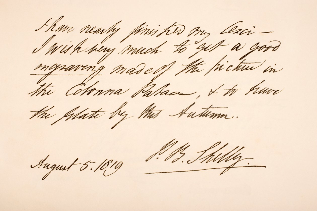 Scrittura e firma di Percy Bysshe Shelley, 1819 da English School