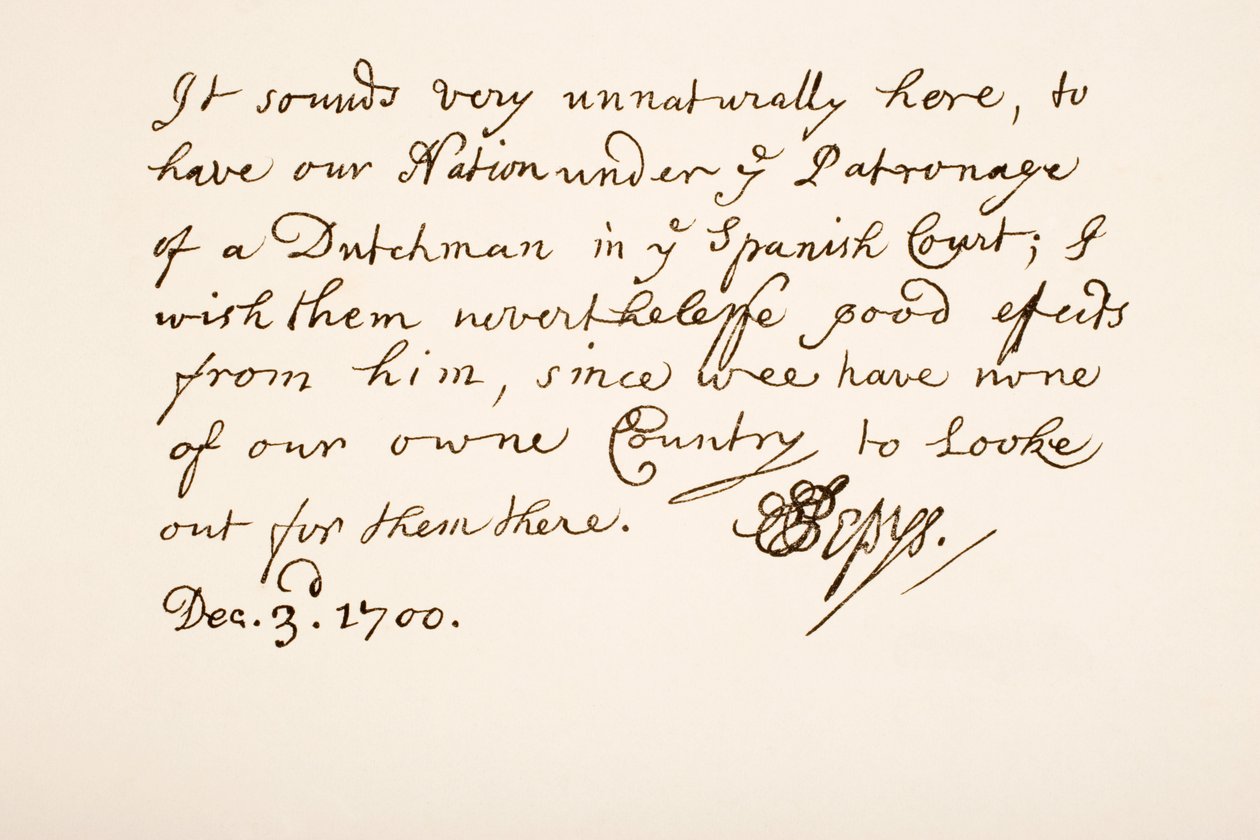 Scrittura e firma di Samuel Pepys, 1700 da English School