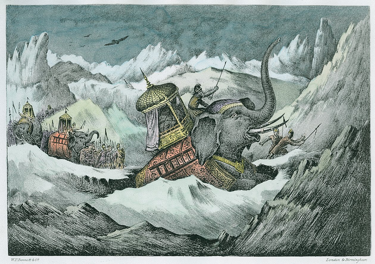 Annibale (247-c.183 a.C.) e i suoi elefanti da guerra attraversano le Alpi (colorazione successiva) da English School