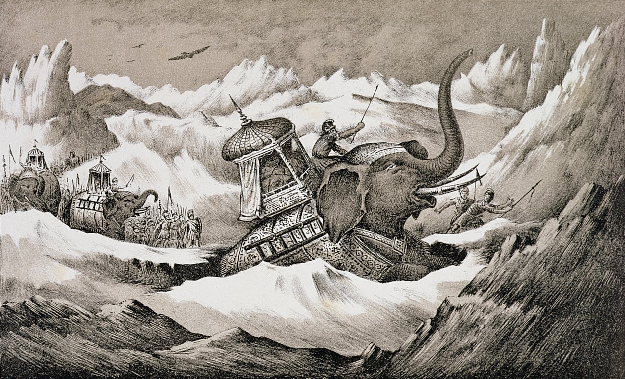 Annibale (247-c.183 a.C.) e i suoi elefanti da guerra attraversano le Alpi da English School