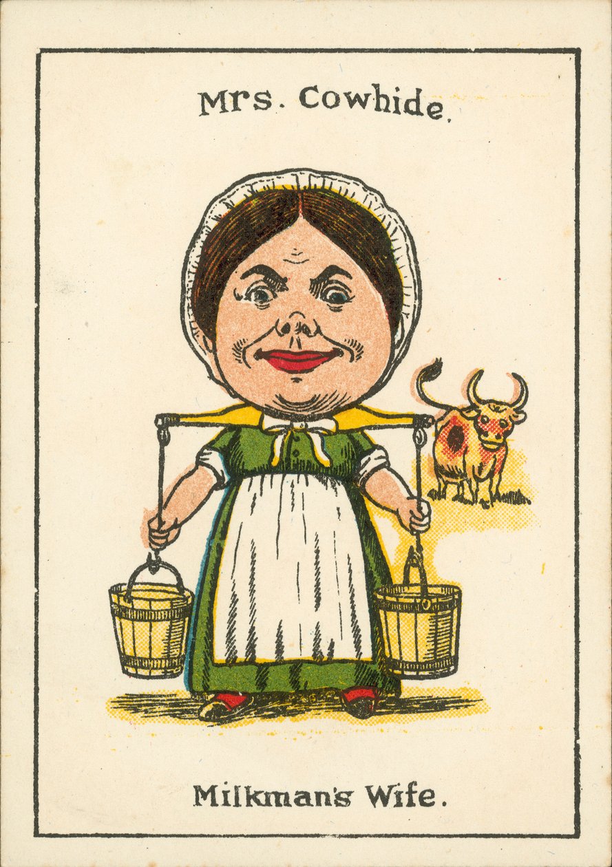 Famiglie felici: La signora Cowhide, moglie del lattaio (litografia a colori) da English School