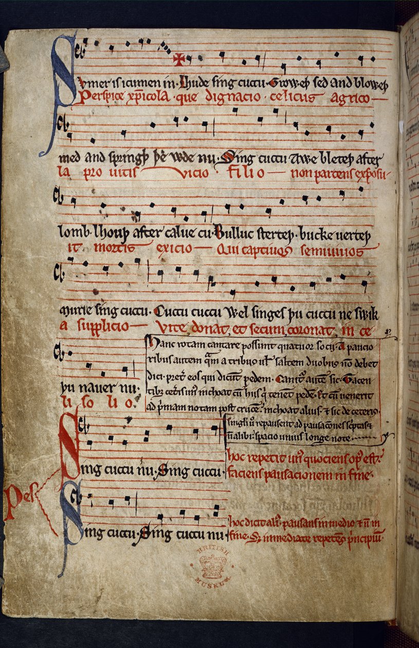 Harley MS 978 f.11v Miscellanea musicale, da "Raccolta di poesie con favole e testi musicali, calendariali e medici" (inchiostro e colore su pergamena) da English School