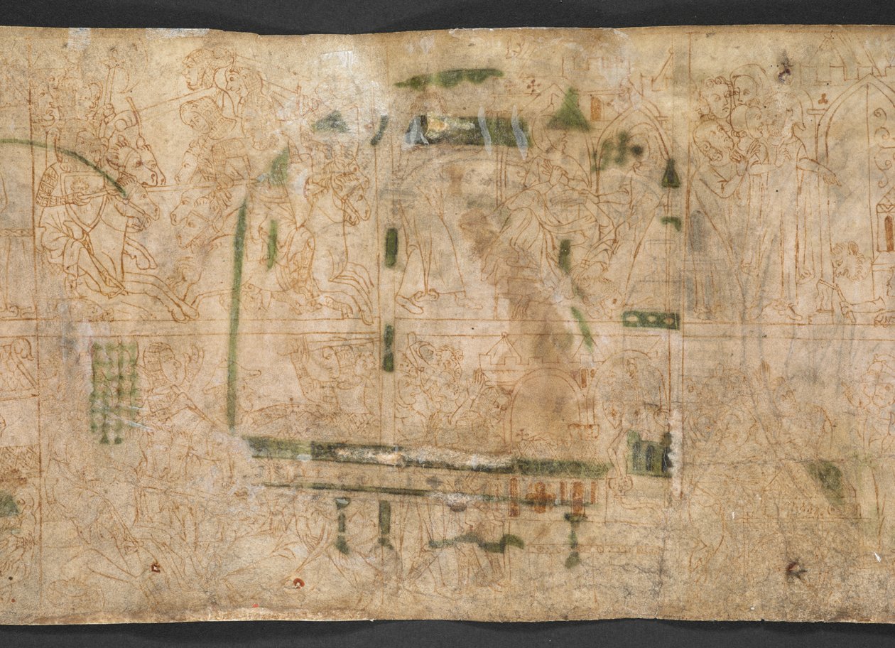 Harley Roll Y 6, Roundel 16v, Sul verso dei Roundel 14-18 ci sono una serie di disegni del XIV secolo, in due registri, con scene dal libro di I Samuele, capitoli 1-4, dalla 