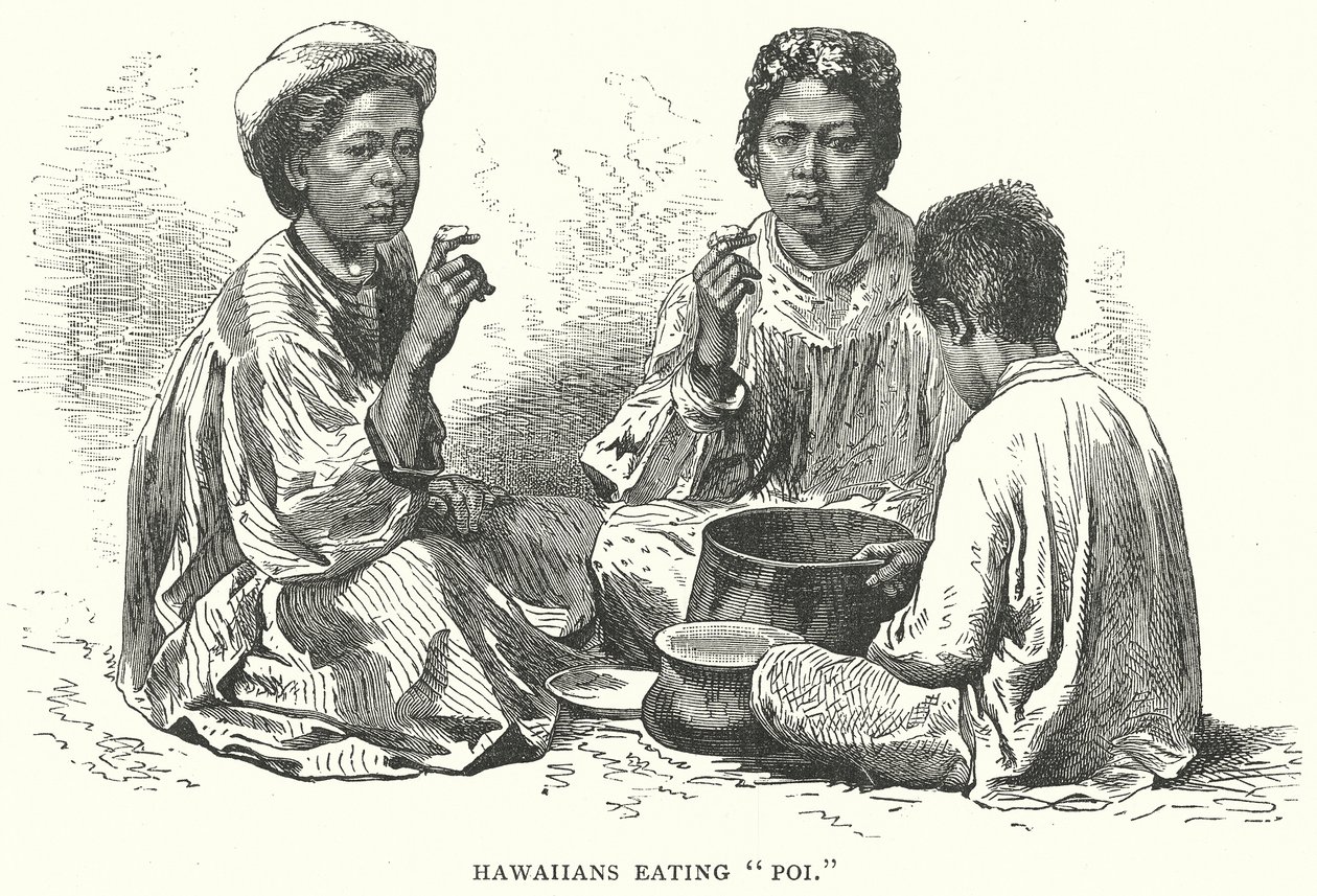 Hawaiani che mangiano "Poi" (incisione) da English School