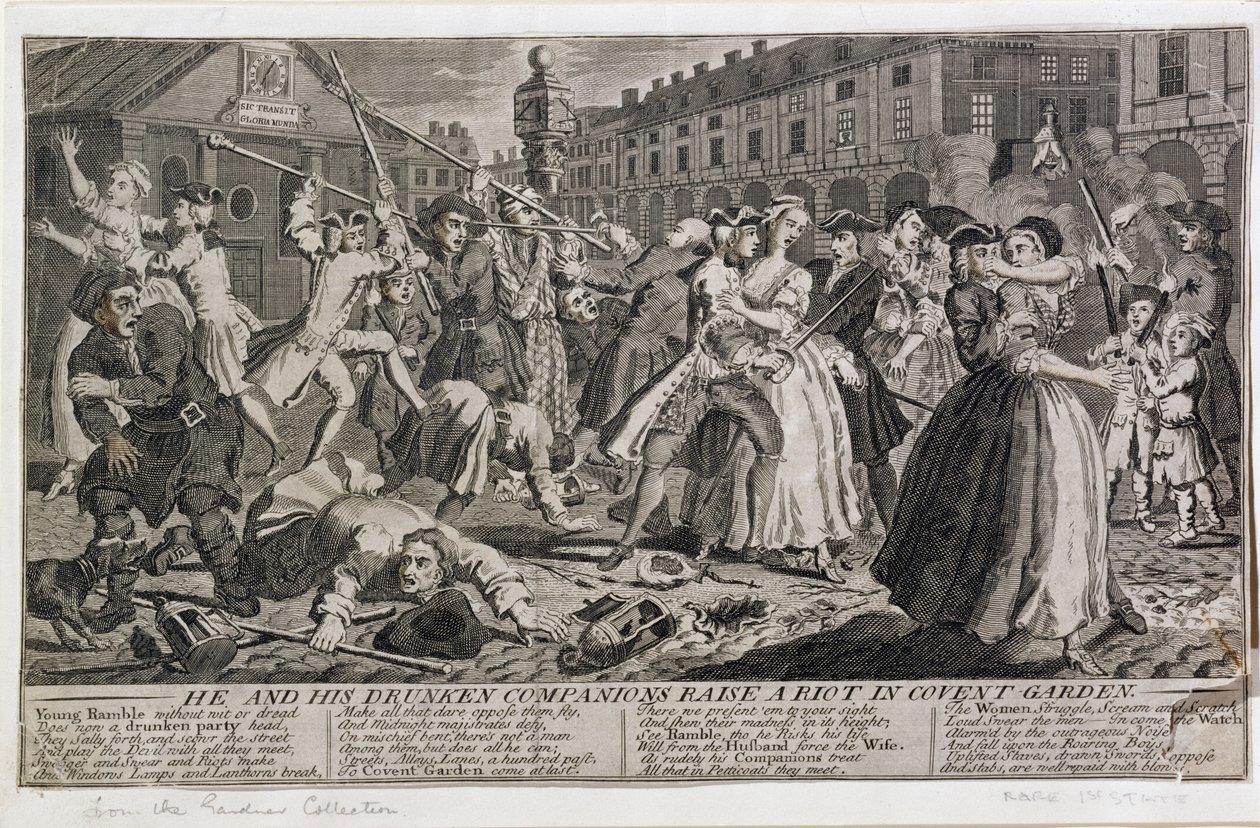 Lui e i suoi compagni ubriachi scatenano una rivolta a Covent Garden, 1735 da English School