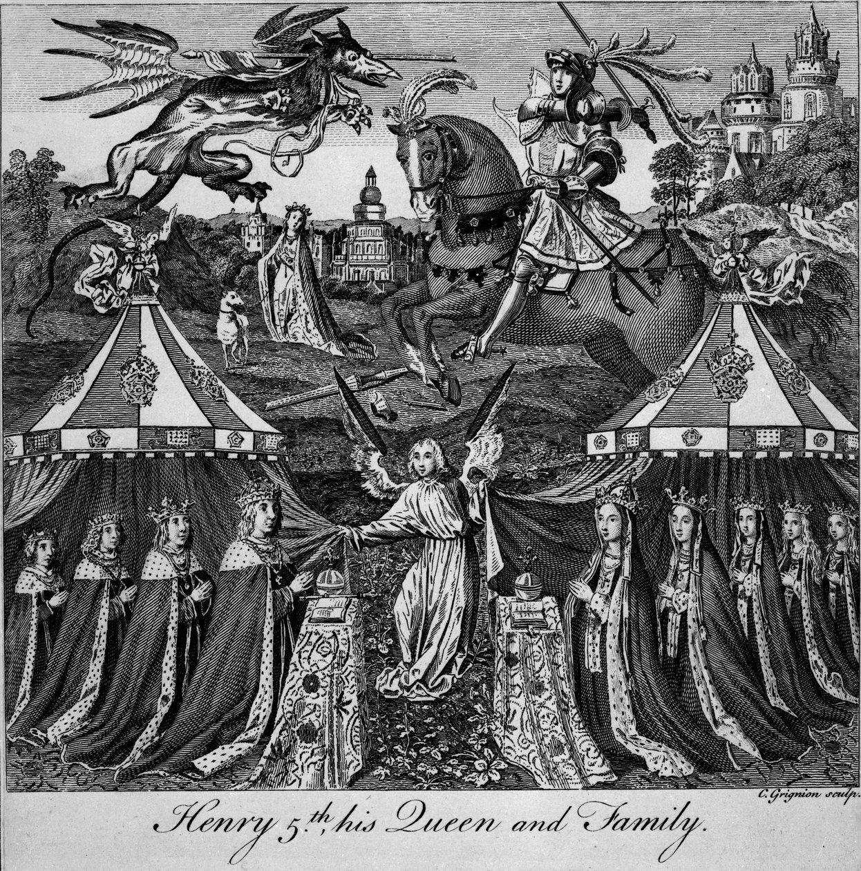 Enrico V, la sua regina e la famiglia, inciso da Charles Grignion (1717-1810) da English School