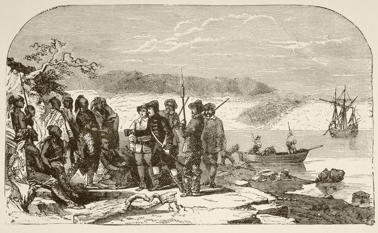 Henry Hudson offre liquore agli indiani nel 1609 da English School