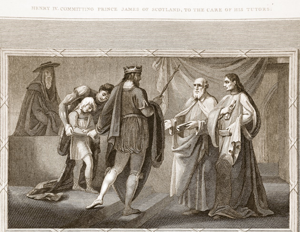 Enrico IV affida il principe Giacomo di Scozia ai suoi tutori, illustrazione da La storia d