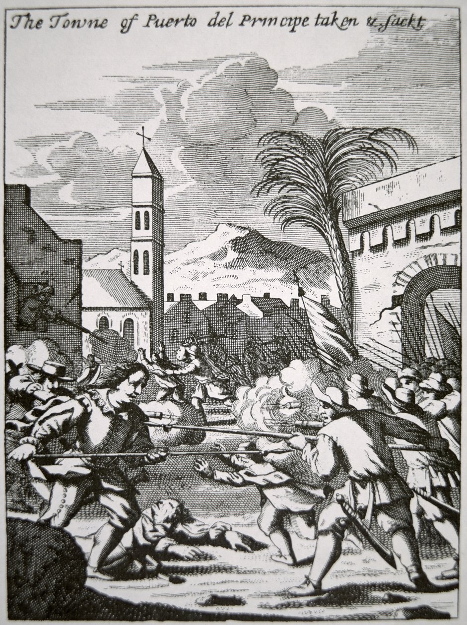 Henry Morgan cattura e saccheggia la città di Puerto de Principe, Cuba, nel 1668, illustrazione da 
