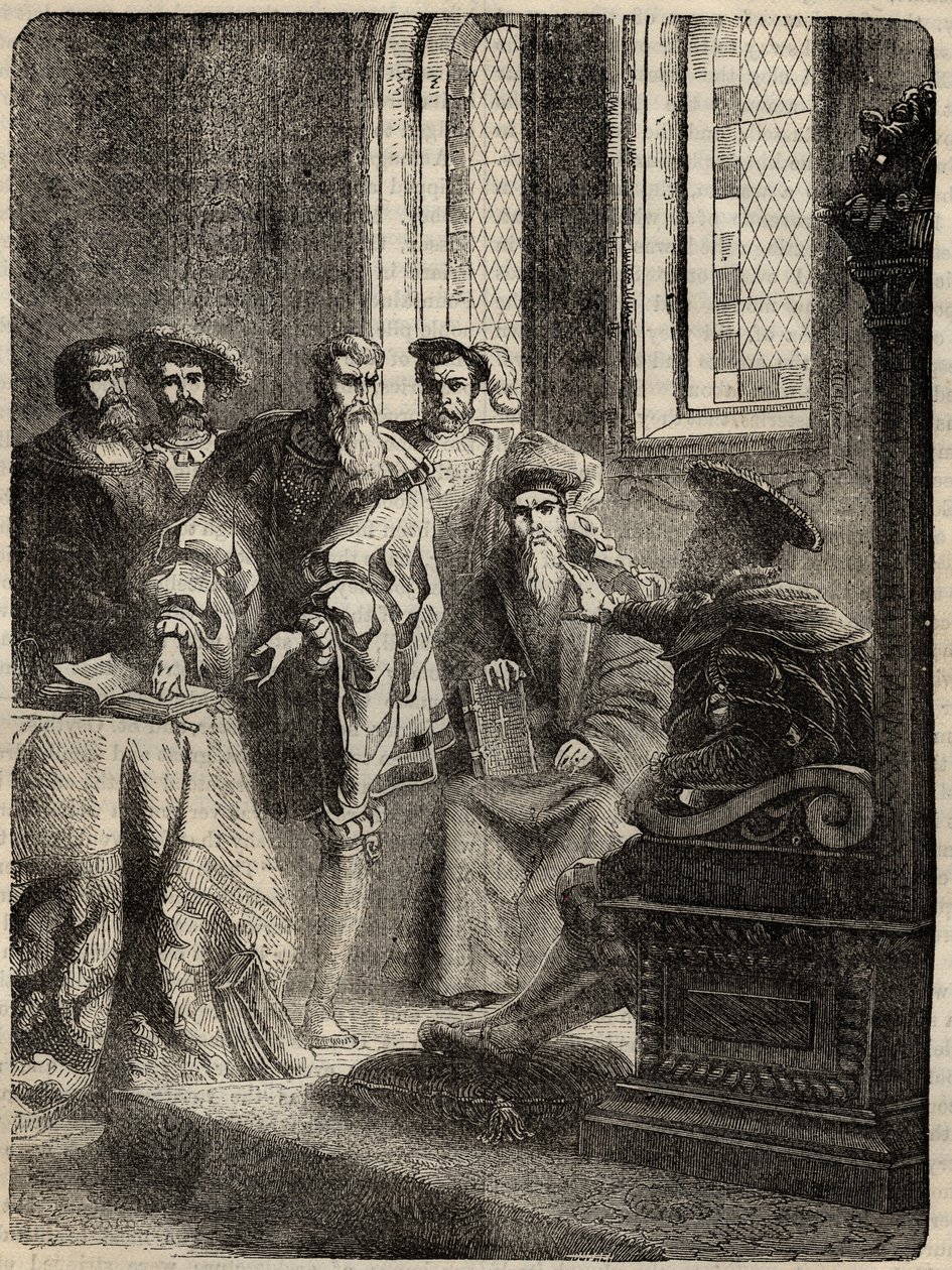 Enrico VIII e il suo Consiglio ordinano la traduzione della Bibbia in inglese - 1538 - incisione da 