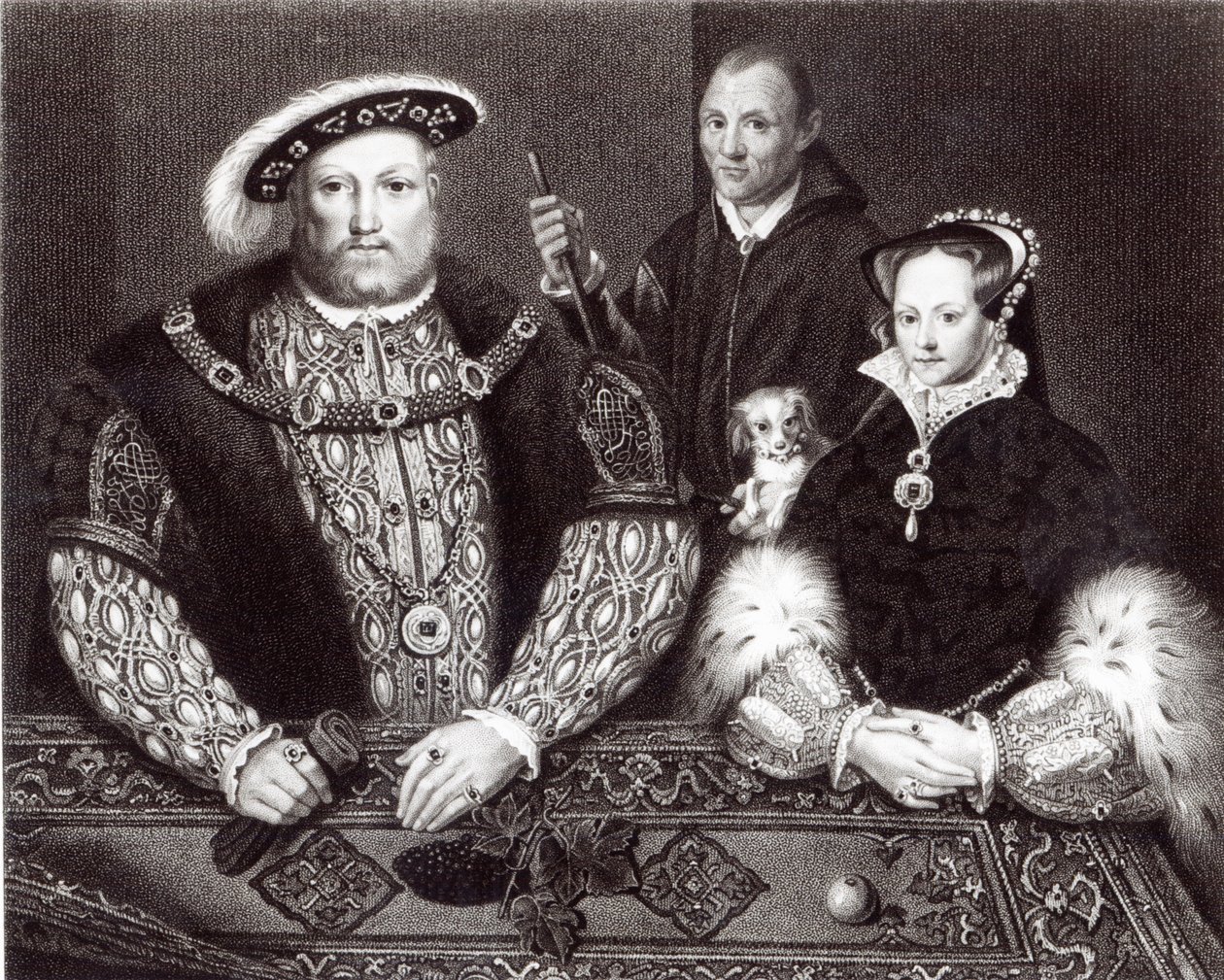 Enrico VIII, sua figlia la Regina Maria e Will Somers, dopo un dipinto a olio del XVI secolo, dipinto postumo, 1821 da English School
