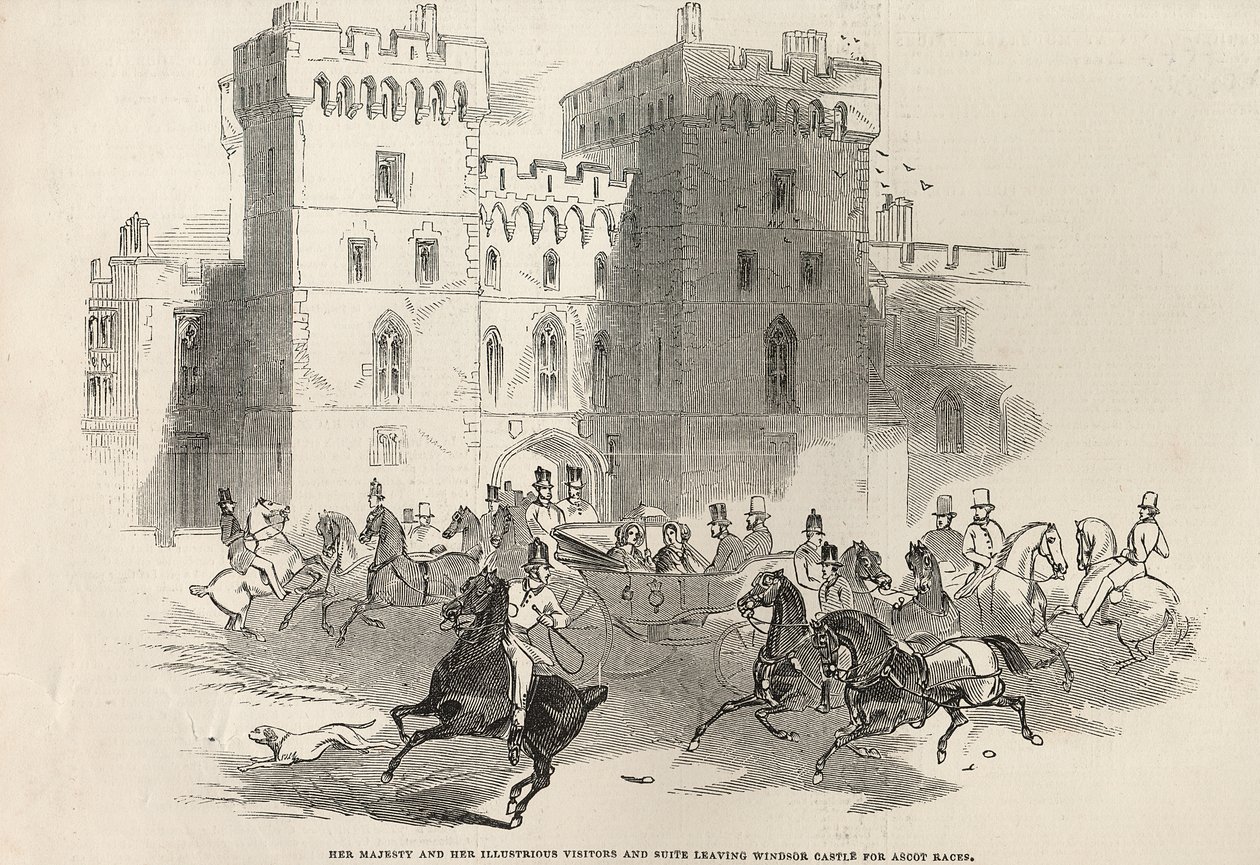 Sua Maestà e i suoi illustri visitatori e suite lasciano il Castello di Windsor per le corse di Ascot, da 
