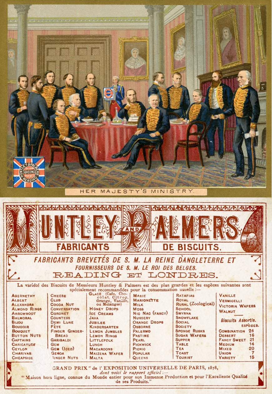 Il Ministero di Sua Maestà, fronte e retro di una carta promozionale per i biscotti Huntley & Palmers, prodotta per il mercato francese c.1890 da English School