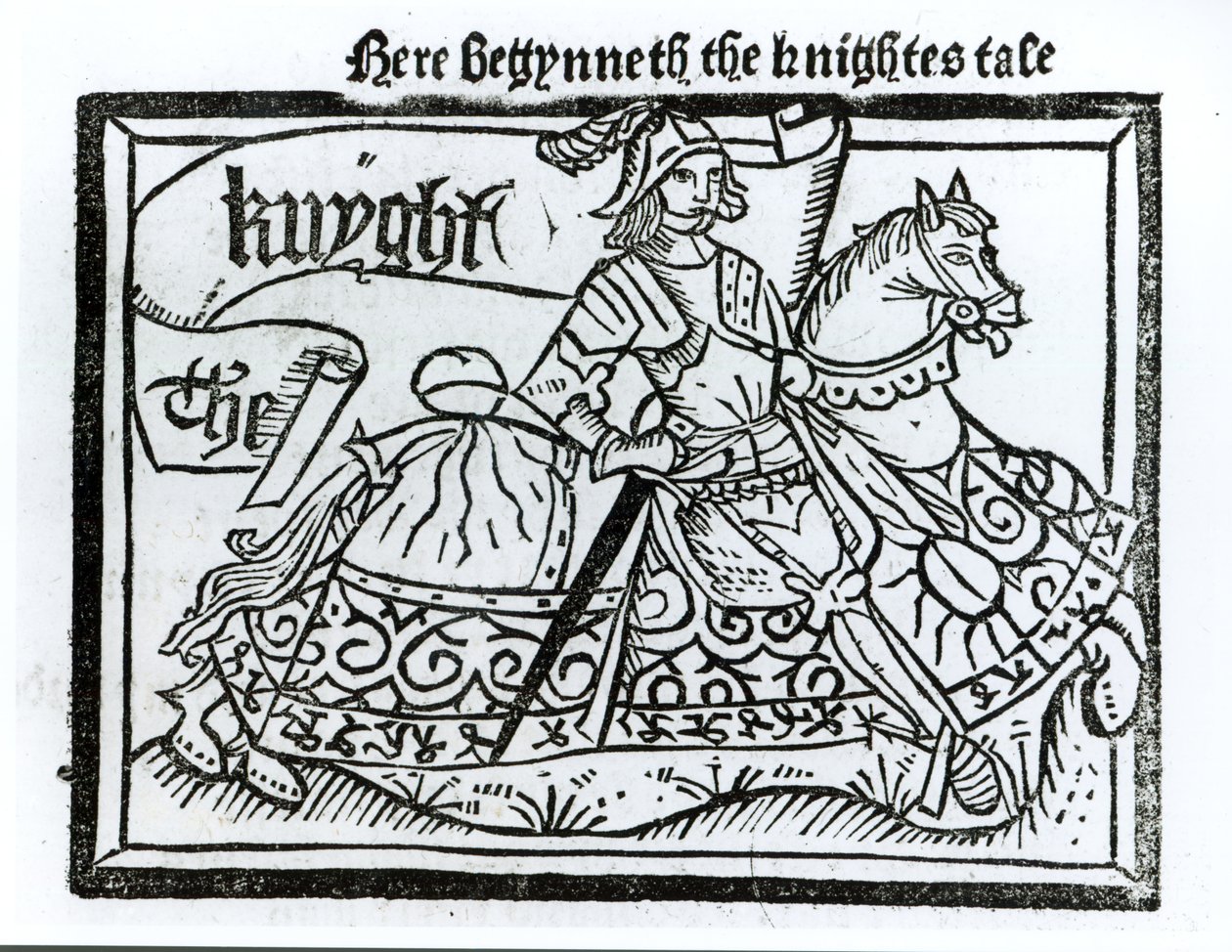 Qui inizia il racconto del cavaliere, illustrazione da I racconti di Canterbury di Geoffrey Chaucer (c.1345-1400) stampato da William Caxton (c.1422-91) 1434 da English School