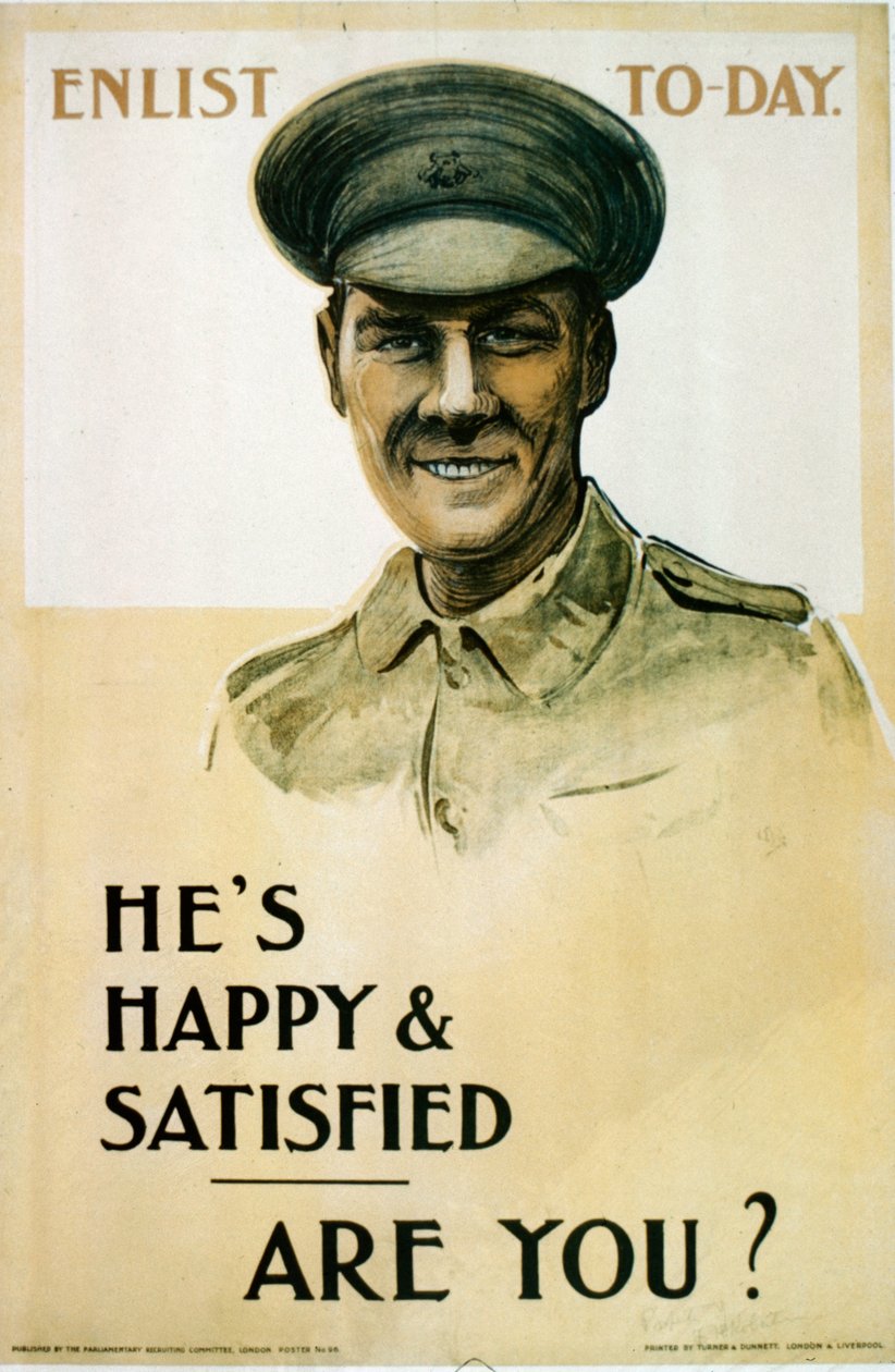 È felice e soddisfatto - E tu?, manifesto di reclutamento britannico della Prima Guerra Mondiale, 1914-18 da English School