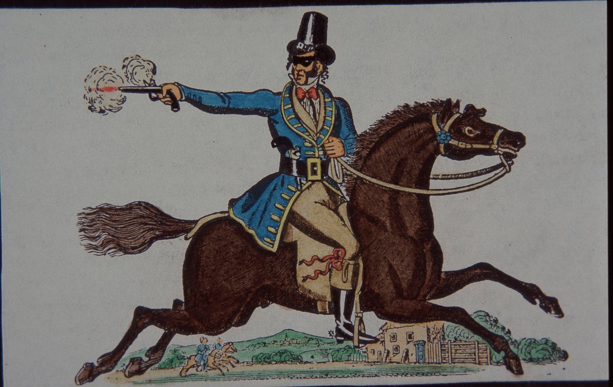 Figura di bandito per teatro dei bambini vittoriano (incisione colorata a mano) da English School