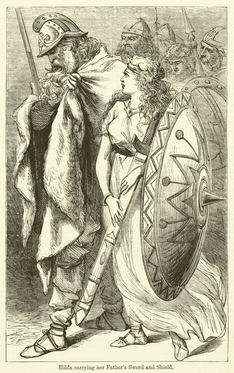 Hilda con la spada e lo scudo del padre (incisione) da English School