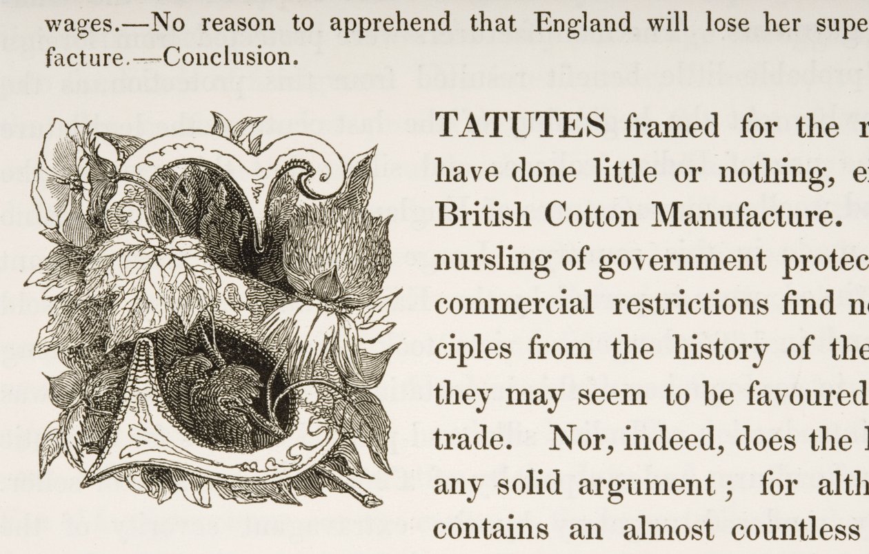 Iniziale istoriate S, da un libro sulla manifattura del cotone britannico da English School