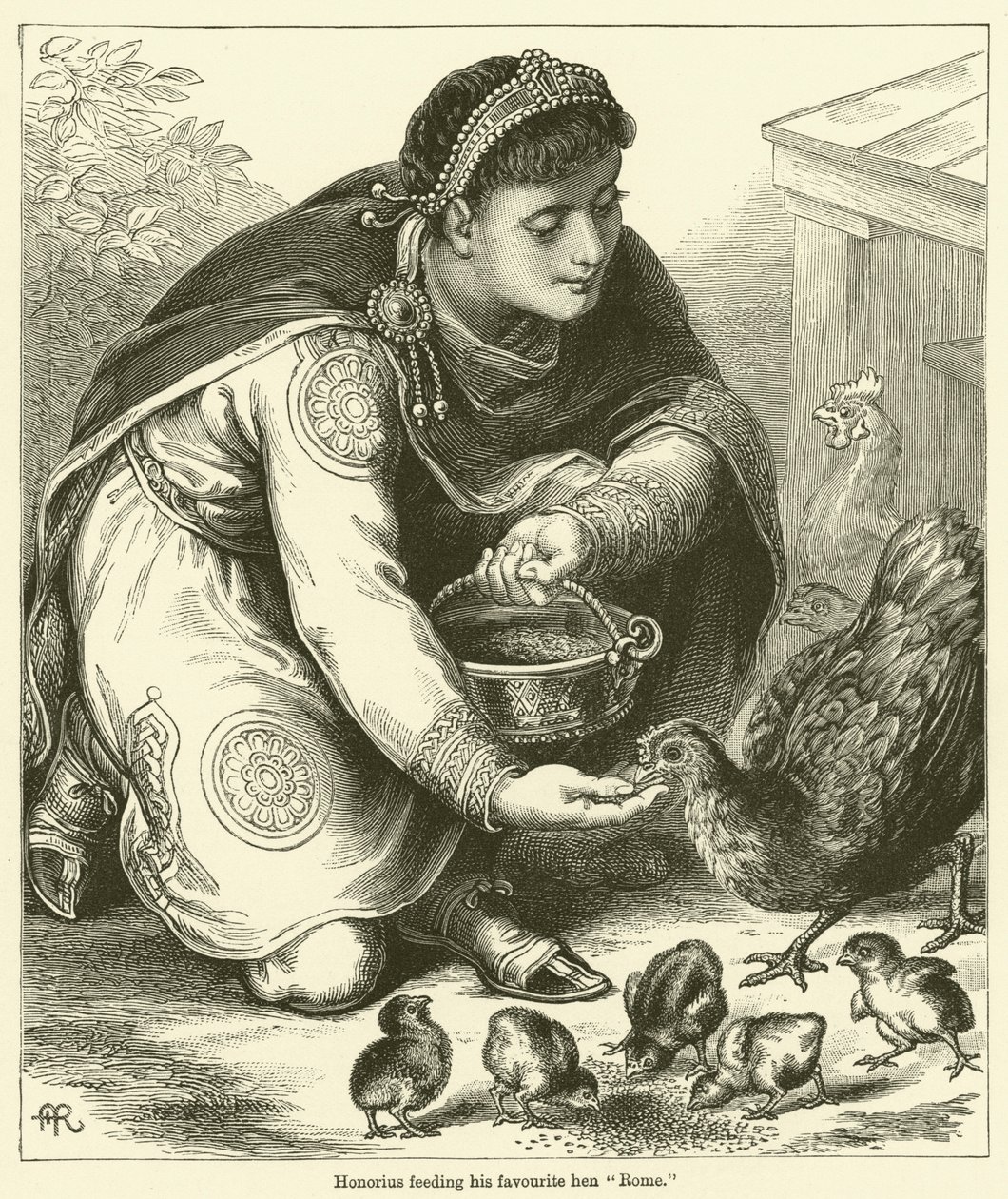 Onorio che nutre la sua gallina preferita "Roma" (incisione) da English School