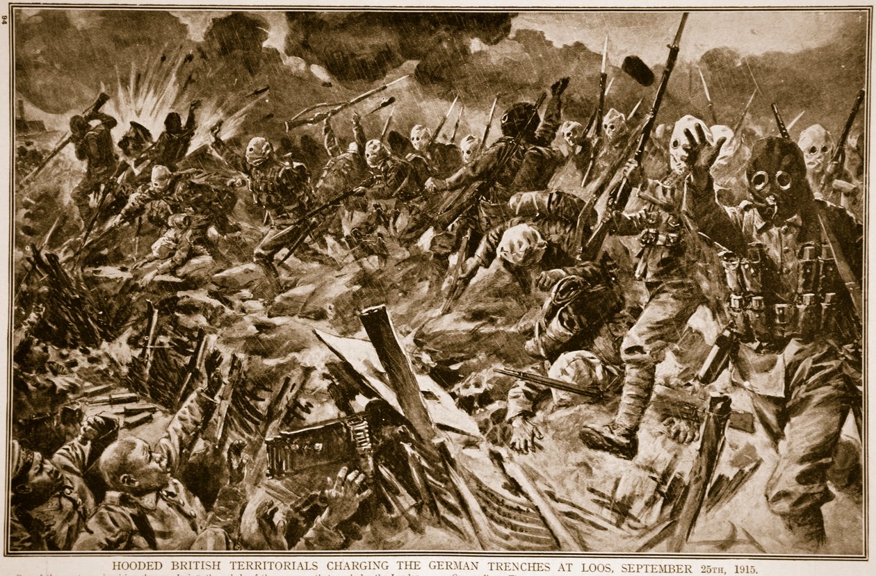 Territoriali britannici incappucciati che caricano le trincee tedesche a Loos, 25 settembre 1915, 1914-19 da English School