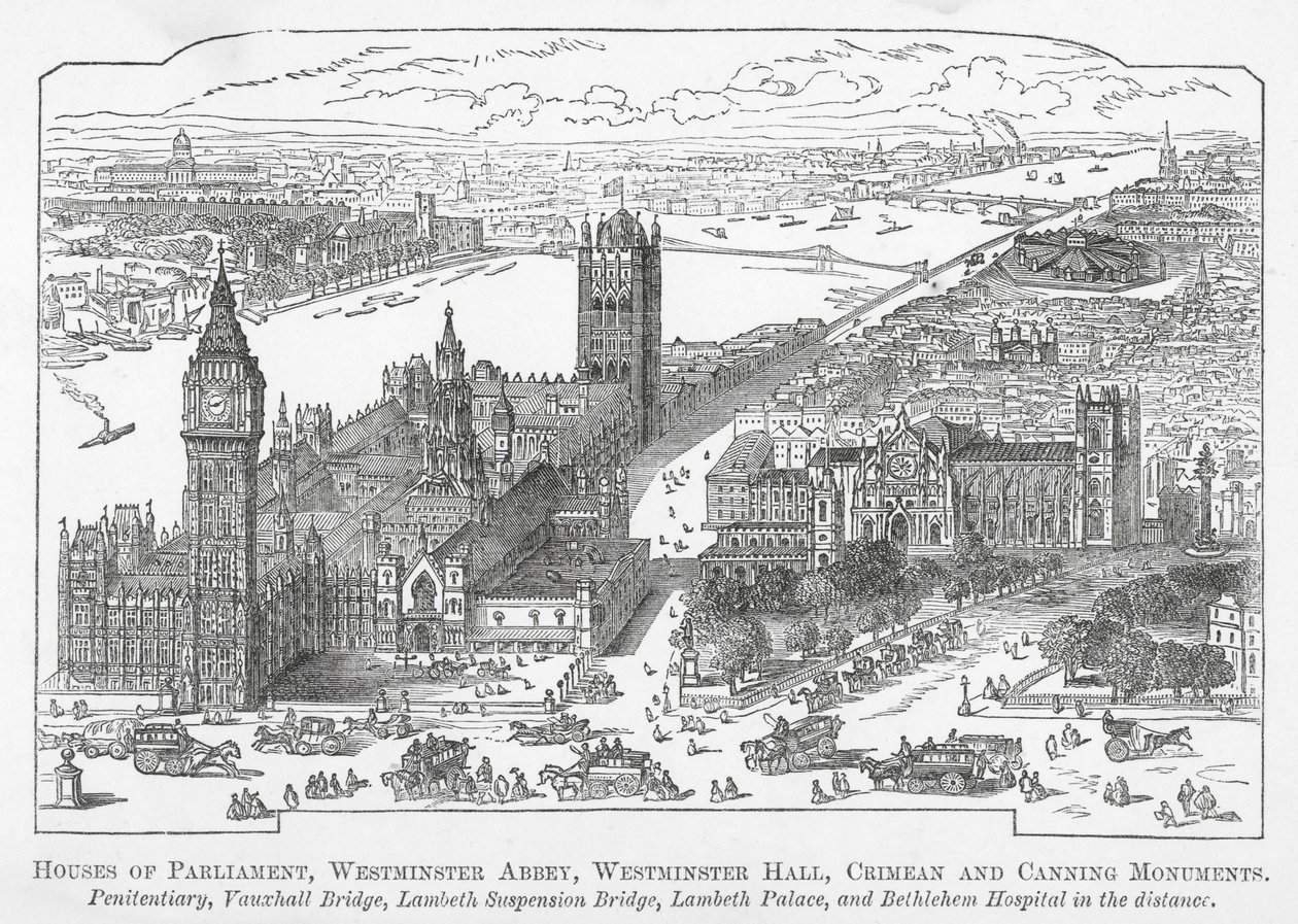 Palazzo del Parlamento, Abbazia di Westminster, Westminster Hall, Monumenti Crimea e Canning (incisione) da English School