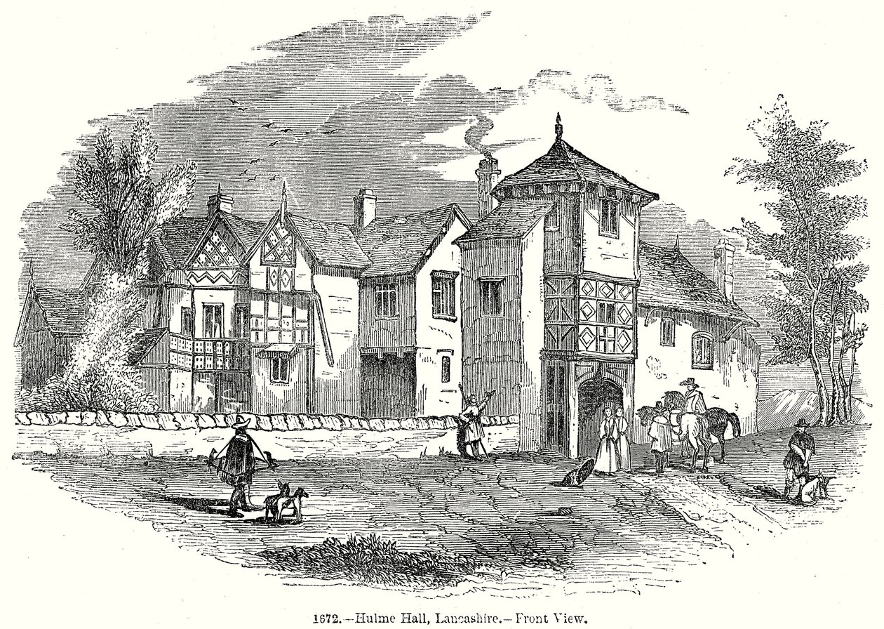 Hulme Hall, Laneashire. - Vista frontale (incisione) da English School