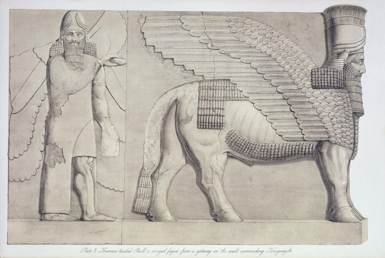 Toro con testa umana e figura alata da un portale sul muro che circonda Koujunjik, tavola 3 da Ninive e i suoi resti di Austen Henry Layard (1817-94) pubblicato 1849 da English School