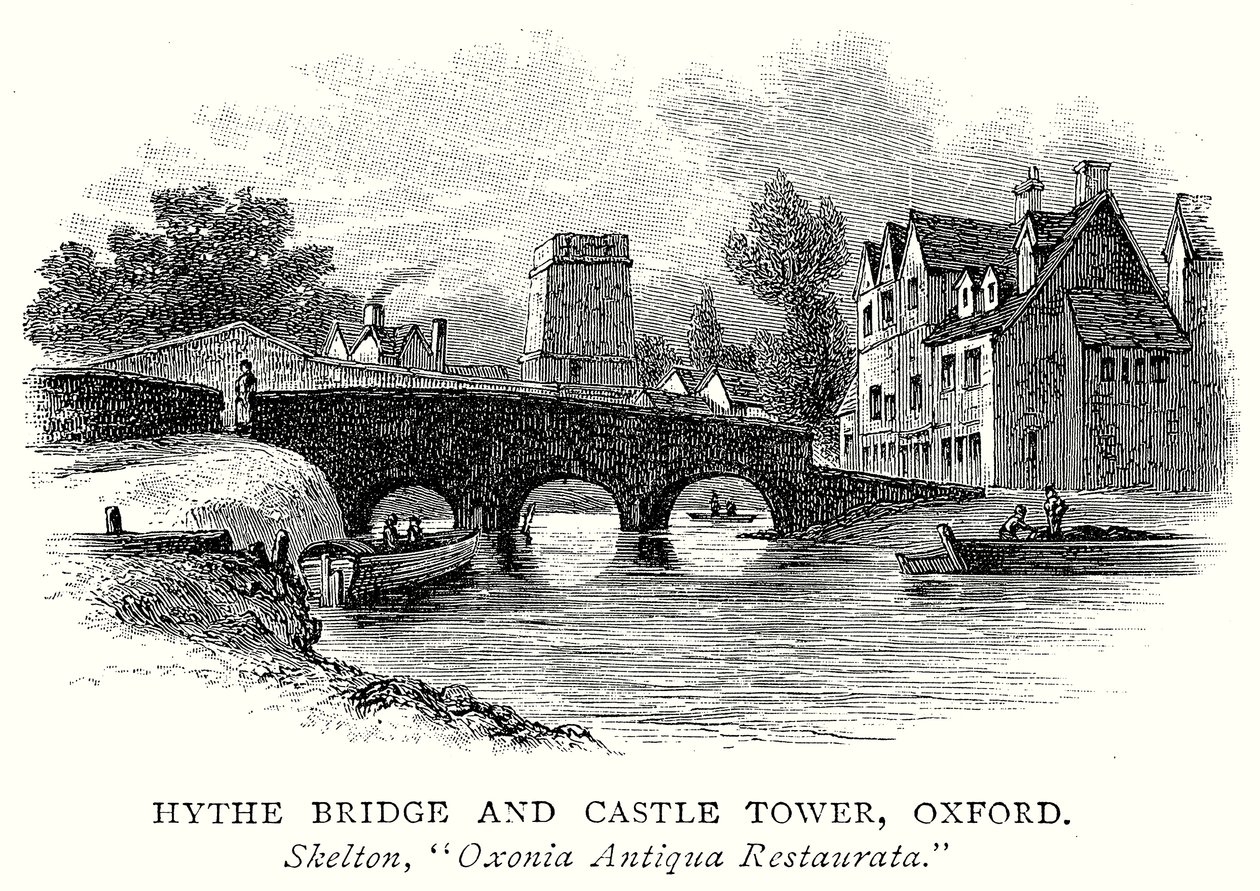 Ponte di Hythe e torre del castello, Oxford (incisione) da English School