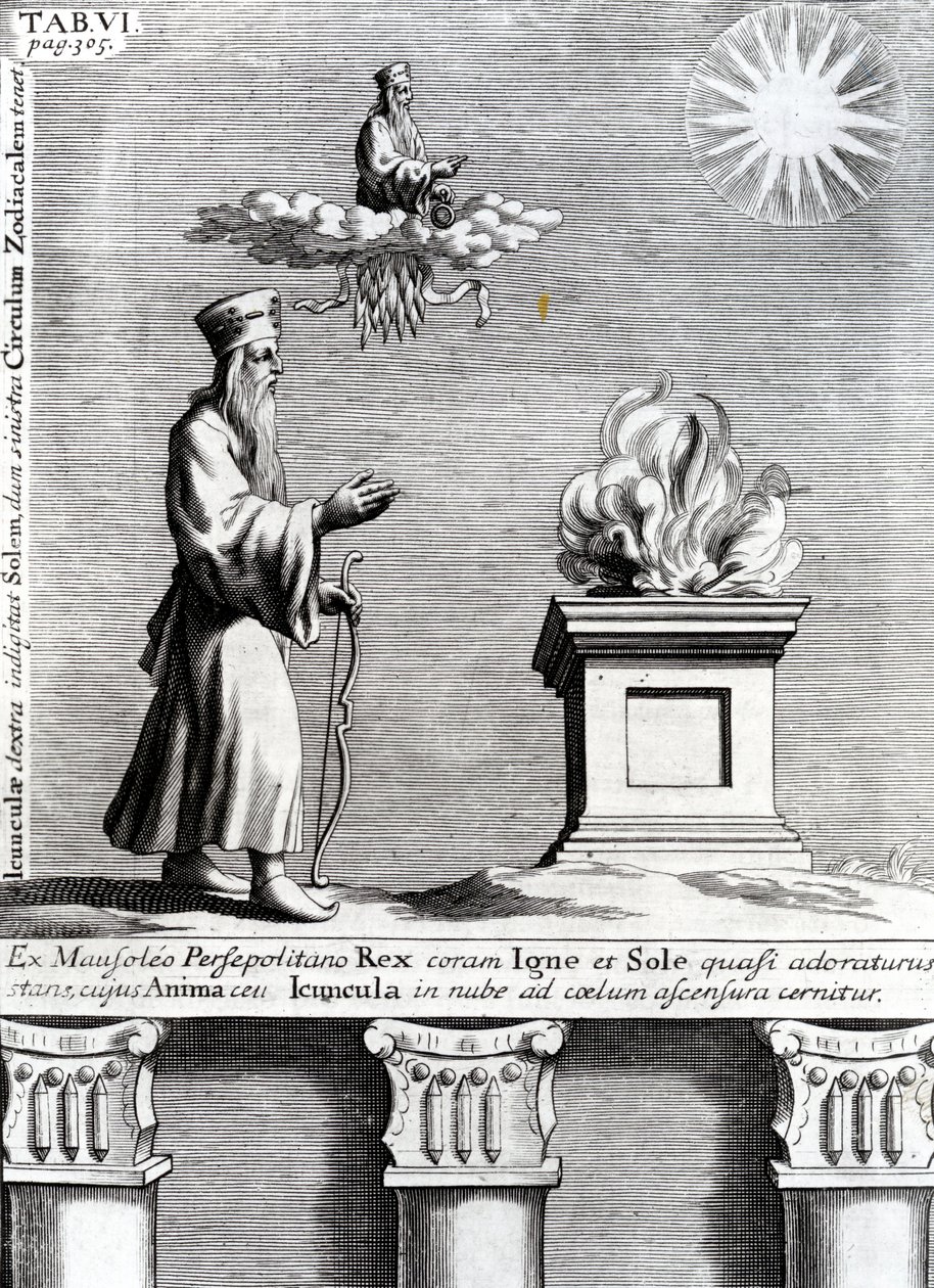 Illustrazione di Zoroastro che adora il fuoco e il sole, 1697 da English School