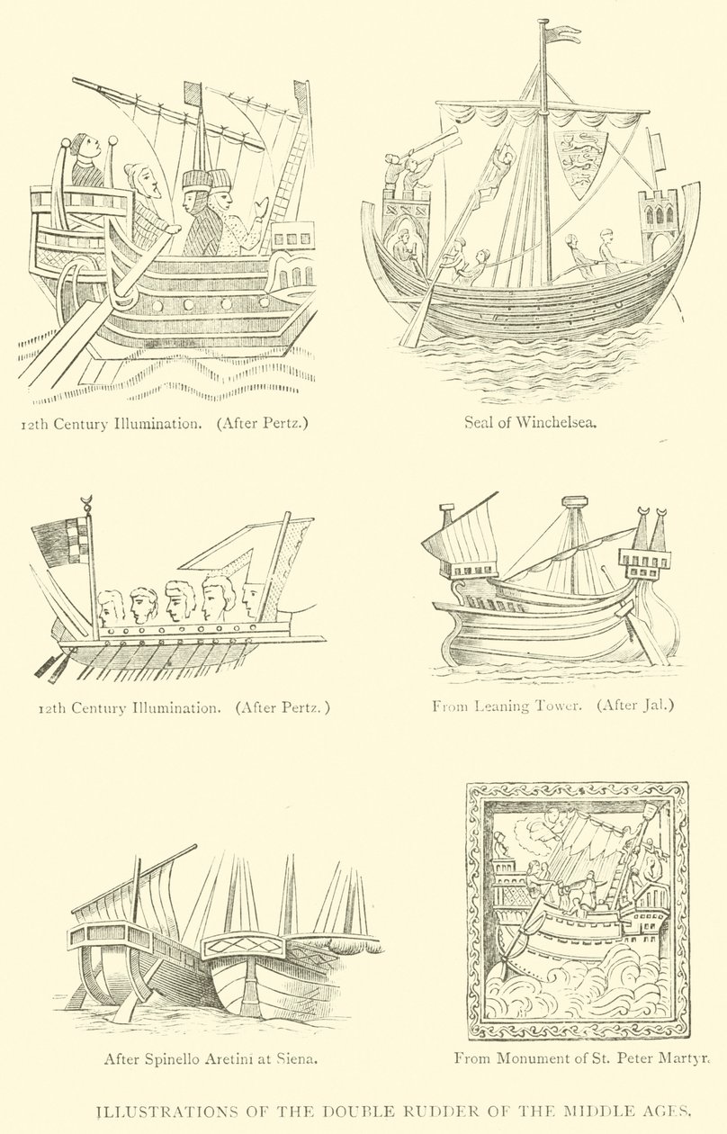 Illustrazioni del doppio timone del Medioevo (incisione) da English School