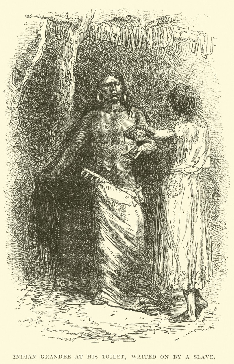 Grande indiano alla sua toilette, servito da uno schiavo (incisione) da English School