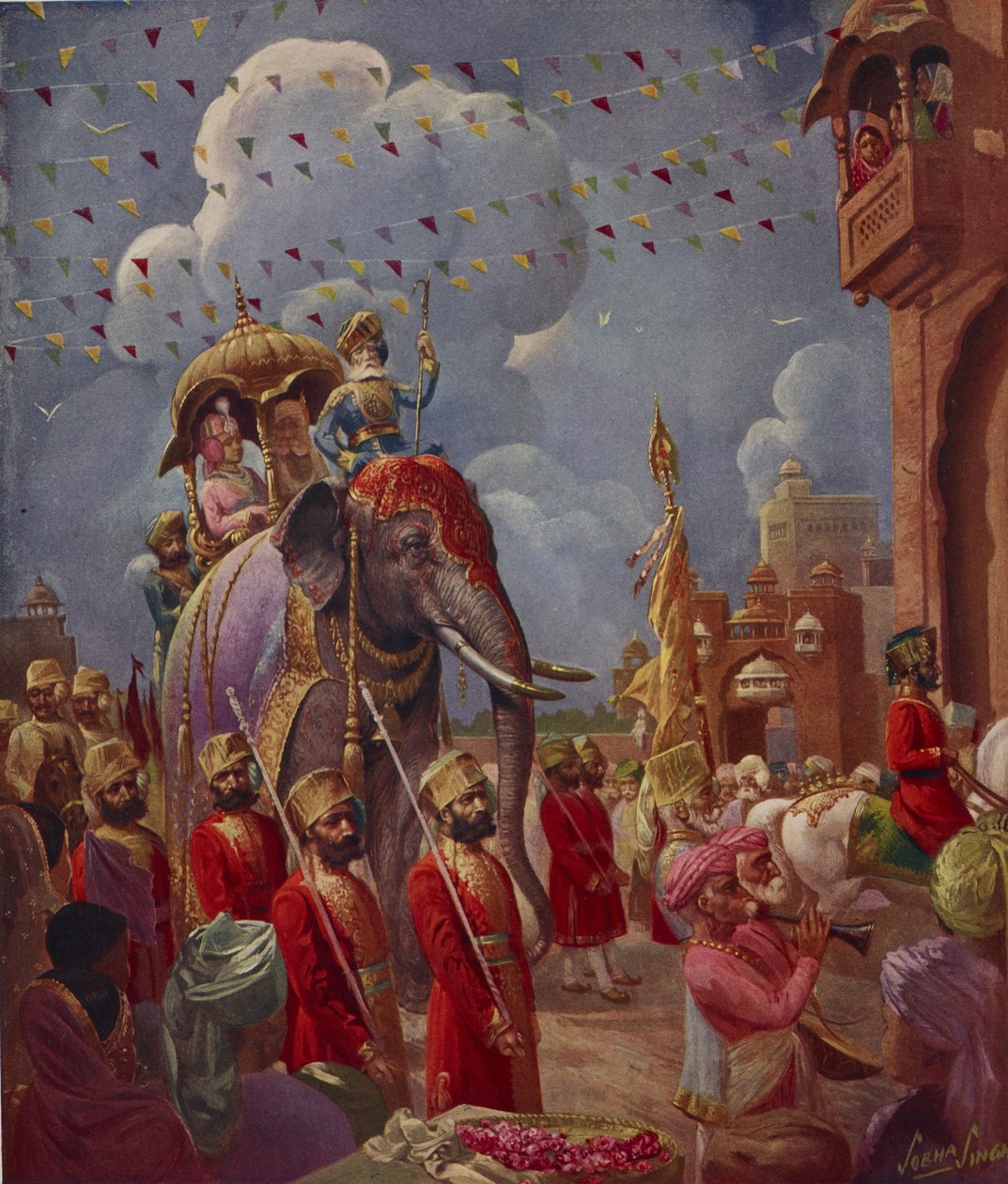 Processione indiana con elefante, dipinto di Sobha Singh, dal Supplemento Indiano dell